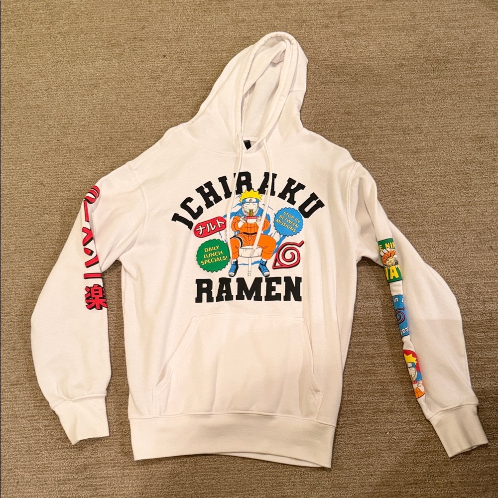 Ichiraku Ramen Graphic Hoodie - White with Multicolor Prints; men’s medium